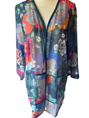 Soft Surroundings Teal and Aqua Floral Sheer Cover-Up